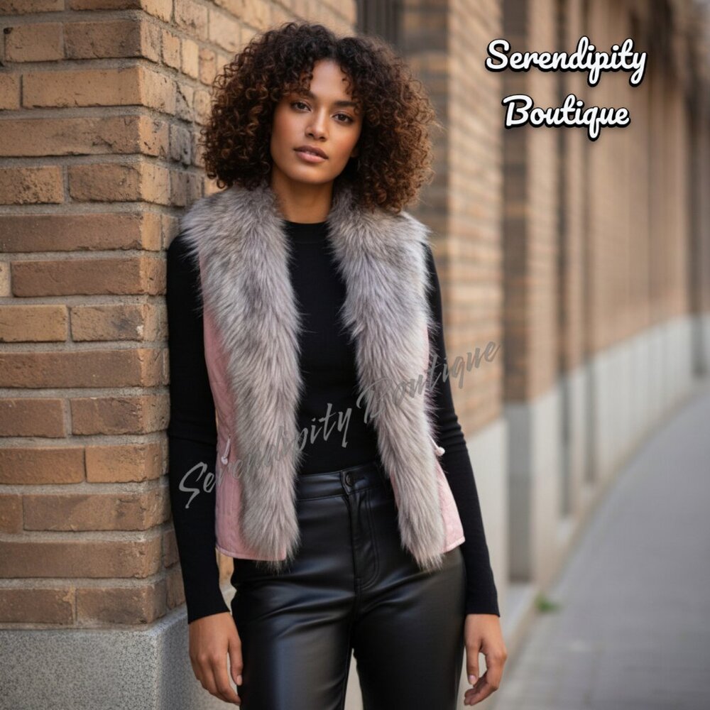 Fashionista Glove Tanned Faux Leather Lush Fur Trim Refined Glam Zip Up Vest - Picture 1 of 10